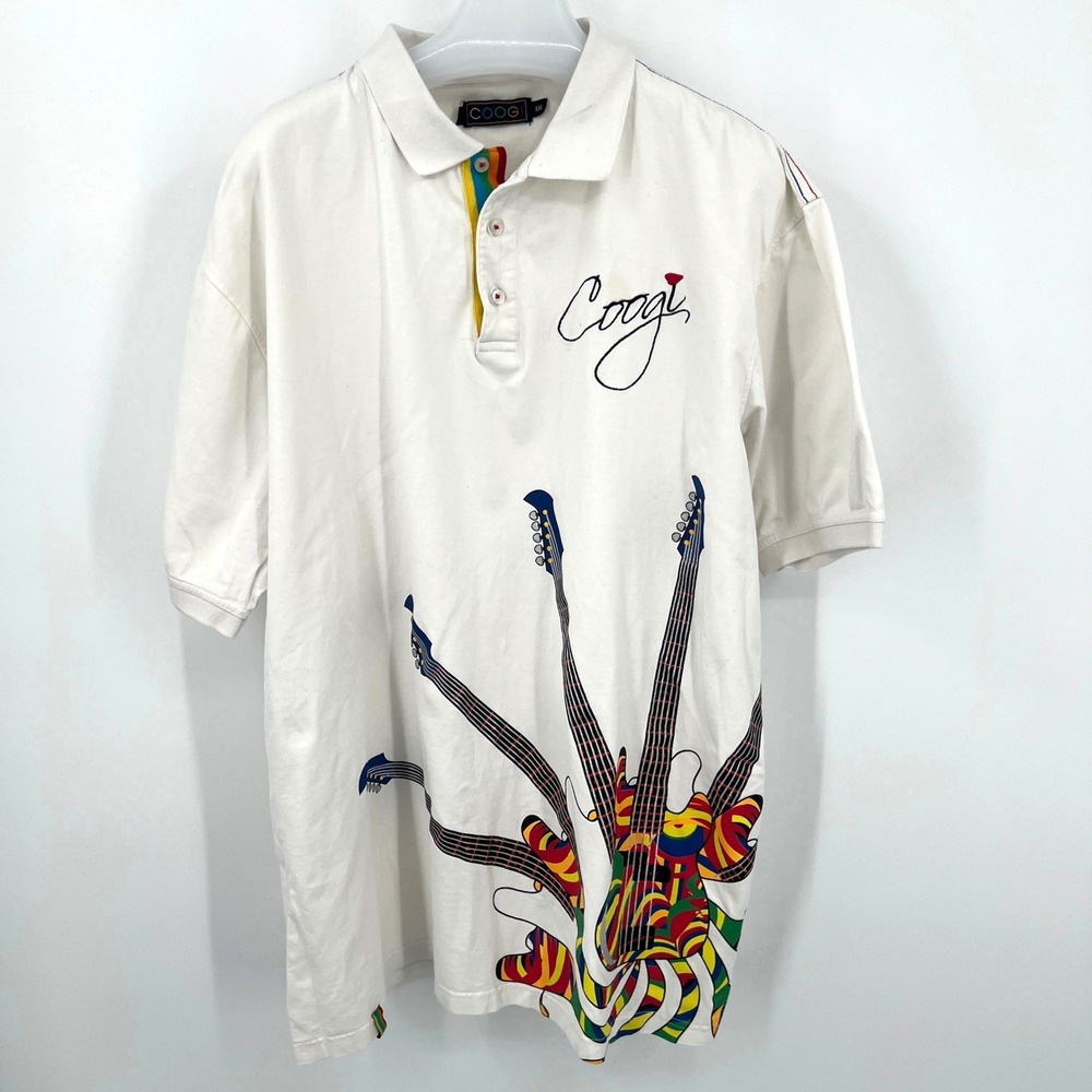Men's Coogi Rock & Roll Guitar Polo Shirt White Size XXL Vintage Y2K Rainbow